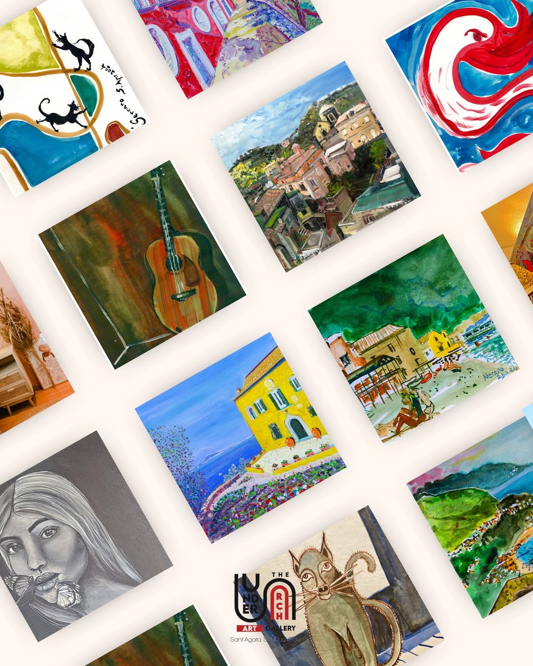 A colorful collage of various artworks from Under the Arch Art Gallery, including Mediterranean landscapes, abstract cats, and contemporary portraits.