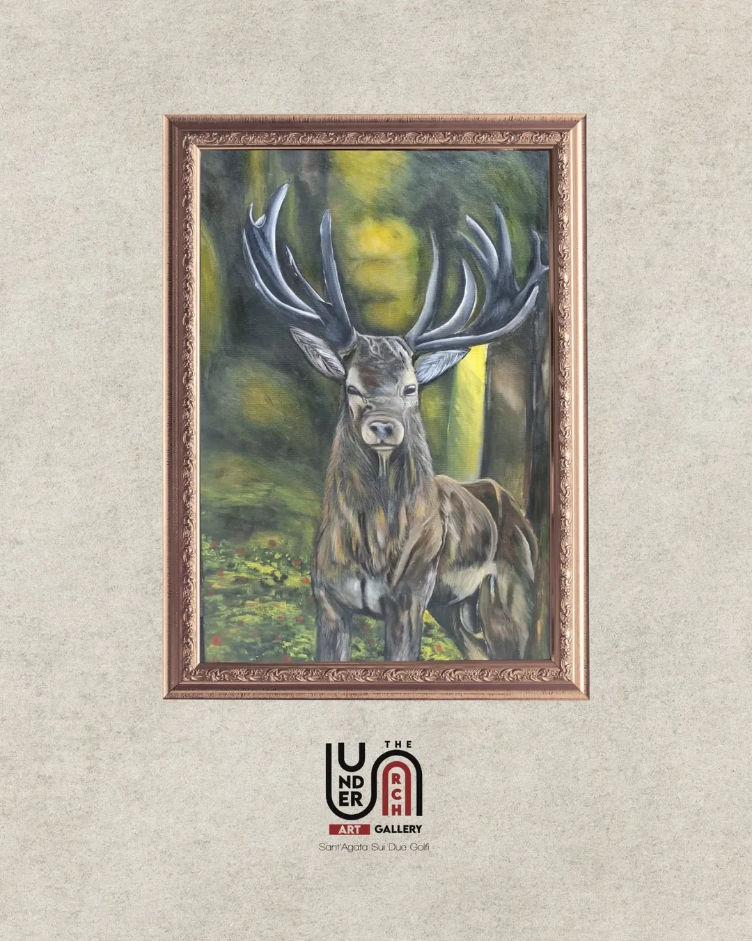 A professional framed oil painting of a stag with large antlers, standing in a misty green forest with sunlight filtering through the trees.