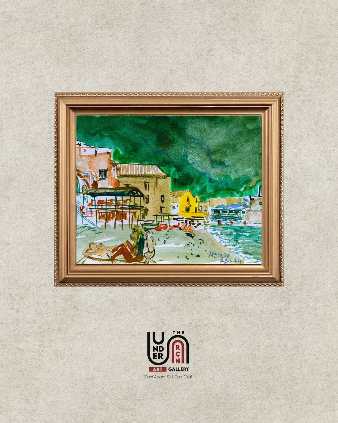 A framed impressionist painting of people relaxing on the beach at Nerano, with colorful coastal buildings and a vibrant green hillside in the background.