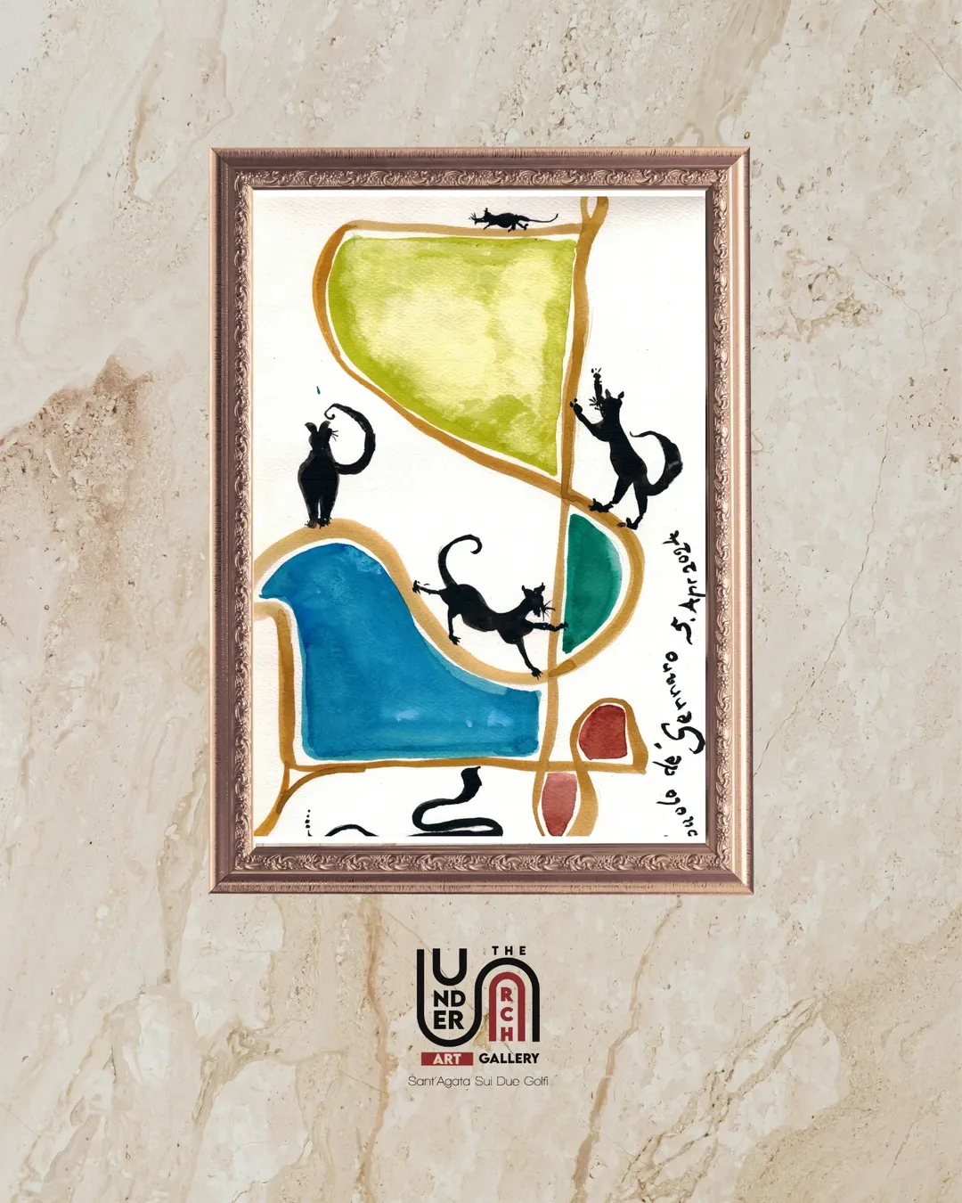 A framed whimsical painting of playful black cats on an abstract background of blue, green, and yellow shapes, signed by the artist.