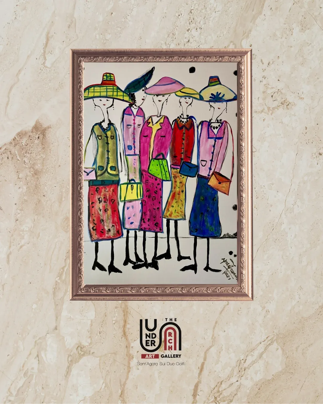 A colorful framed illustration of five stylish women wearing large hats and carrying handbags, in a playful and vibrant contemporary style.