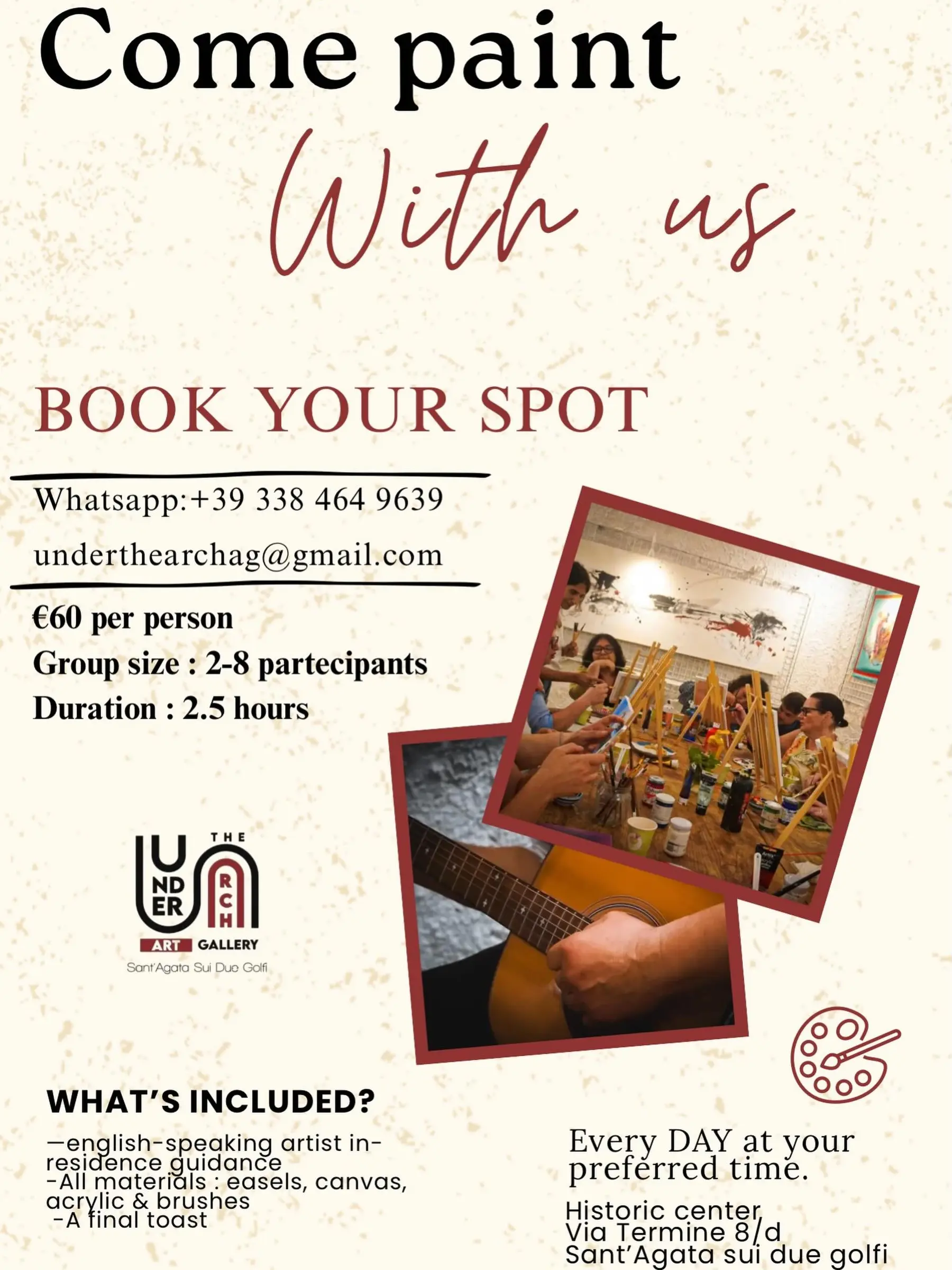 Looking for a unique experience on the Sorrento Coast?
Join us at Under The Arch Art Gallery for a relaxing painting session in the heart of Sant’Agata sui Due Golfi. Whether you’re a beginner or an experienced artist, our resident artist will guide you step by step as you create your own masterpiece.
🎨 All materials included
🎶 Live music atmosphere
🥂 Final toast with the group
🖼️ Take home your artwork
No experience needed — just bring your creativity and enjoy an unforgettable artistic experience.
📍 Sant’Agata sui Due Golfi
📩 send us a message to book your spot today! (+39 3384649639)
#paintingclass #underthearch #sorrentopeninsula #artgallery